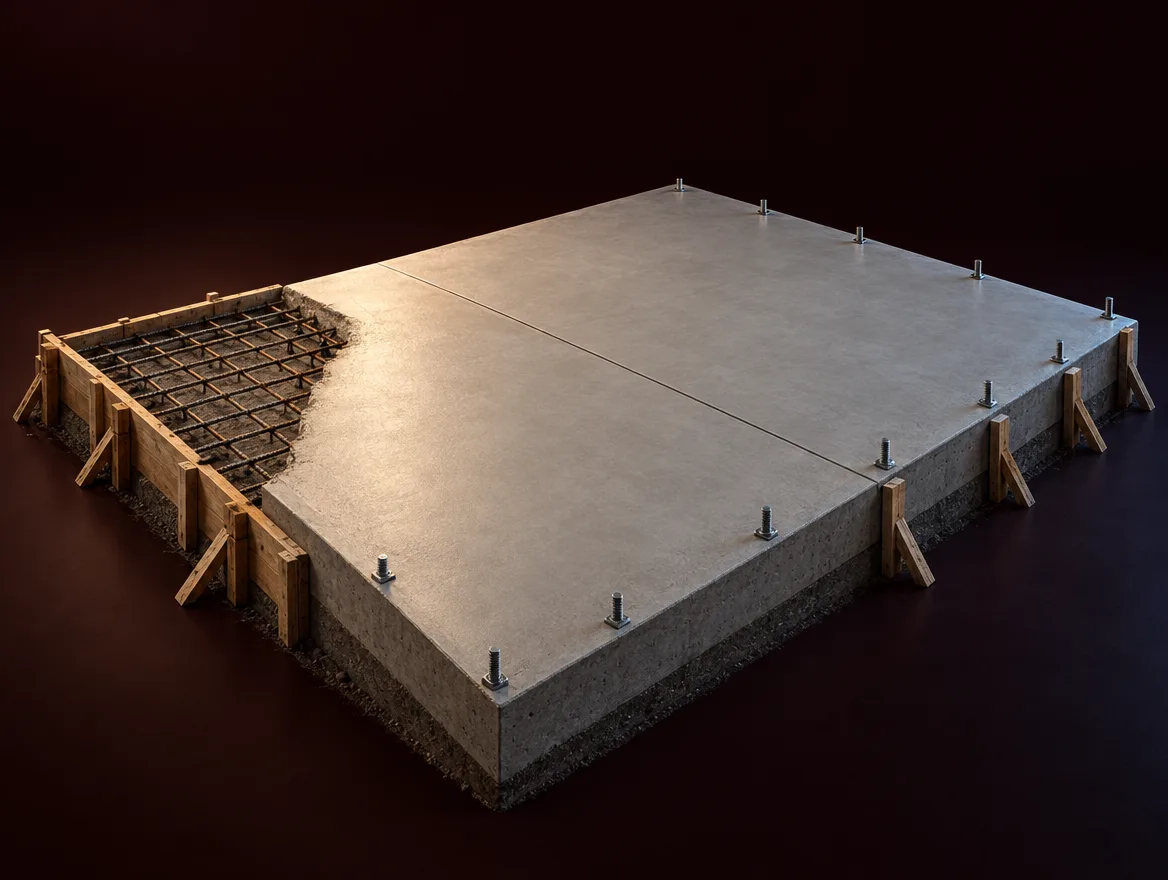 Scale model of a finished concrete slab with formwork and rebar