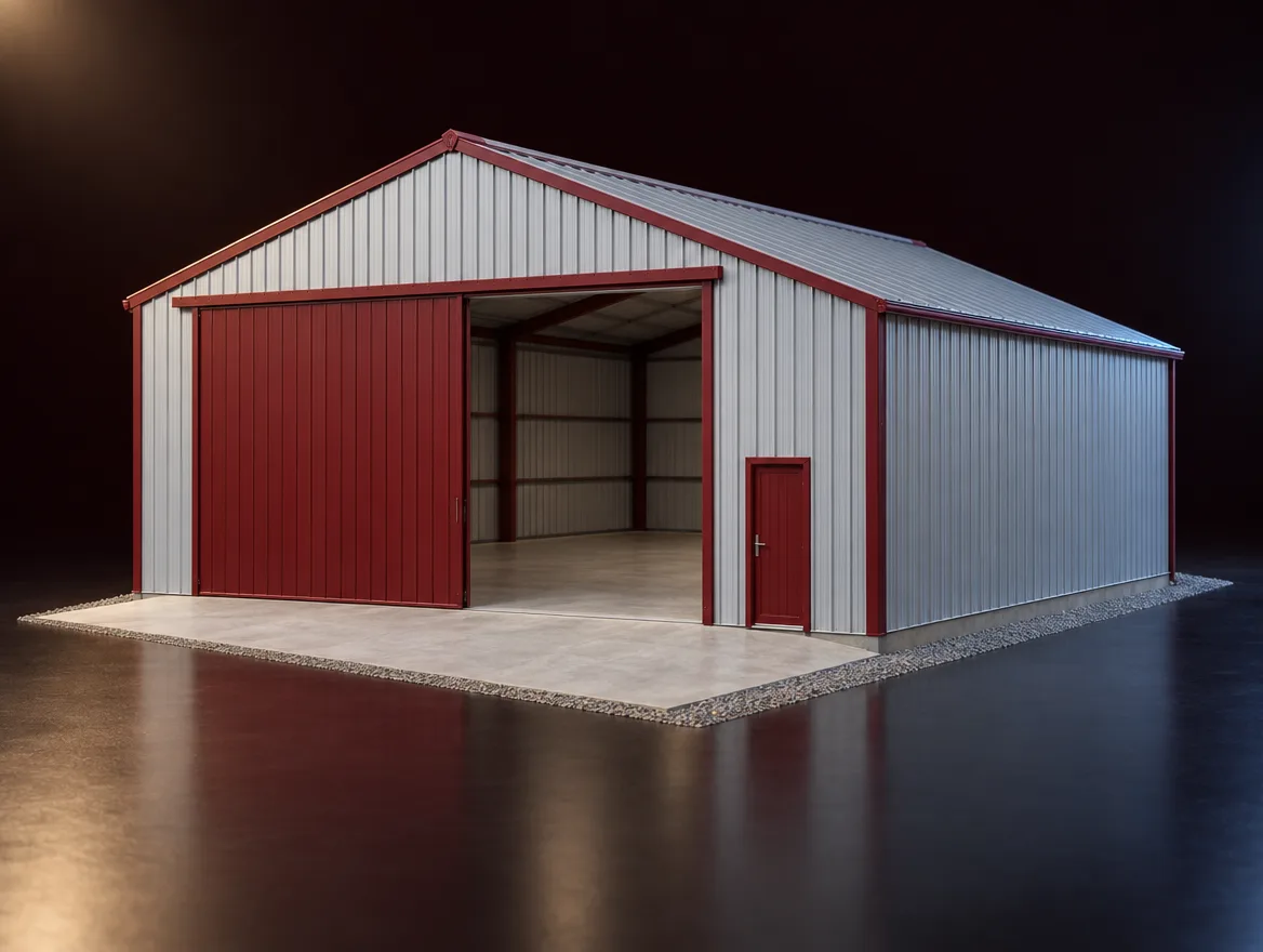 Scale model of a farm machine shed with a large sliding door