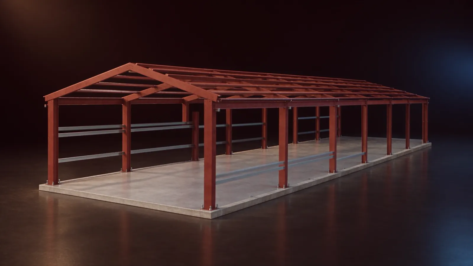 Scale model of a red iron steel frame standing on a concrete slab
