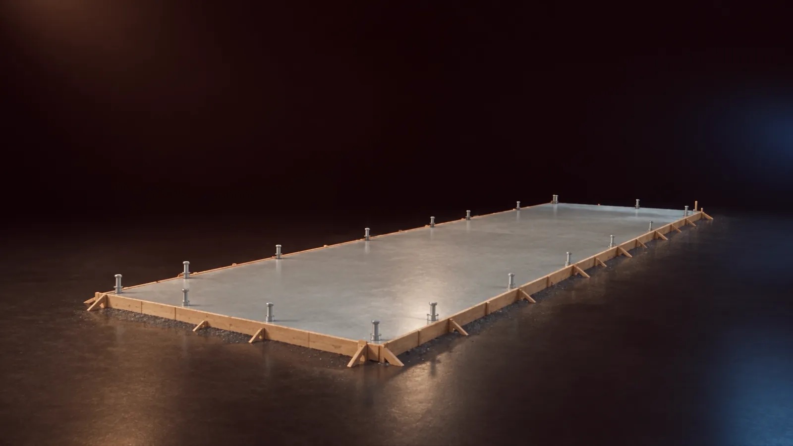 Scale model of a freshly poured concrete slab inside wooden formwork